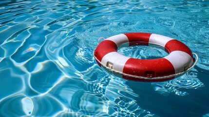 Naklejka premium Bright red and white lifebuoy floating in vibrant blue pool water