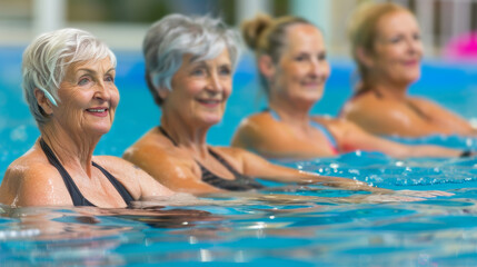 Elderly women enjoying water aerobics class in indoor pool