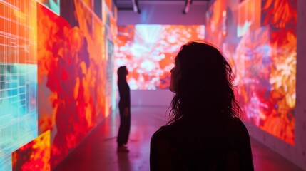 Silhouette of a person exploring a colorful, immersive digital art gallery with dynamic, abstract projections.