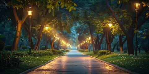 City park at night, trees and pathways lit up close up, focus on, copy space, luminous and fresh hues, Double exposure silhouette with serene night scenes