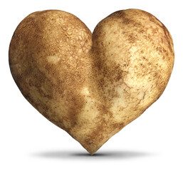 Potato Heart Love as a healthy root vegetable rich in antioxidants vitamin c minerals and fiber as a starch food as benefits to bone health or healthy blood pressure helping digestion or inflammation.