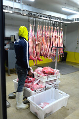 African butchers in the cold room process chunks of meat into the slaughter room
