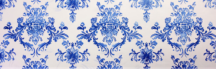 A blue and white floral patterned wallpaper