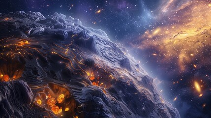 Fototapeta premium A rocky planet with intricate canyon systems and glowing minerals embedded in its surface, against a backdrop of luminous, swirling galaxies,