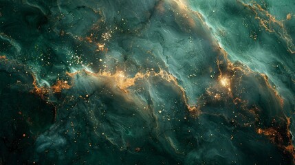 This image captures a mixture of emerald green and golden details creating an abstract marble effect