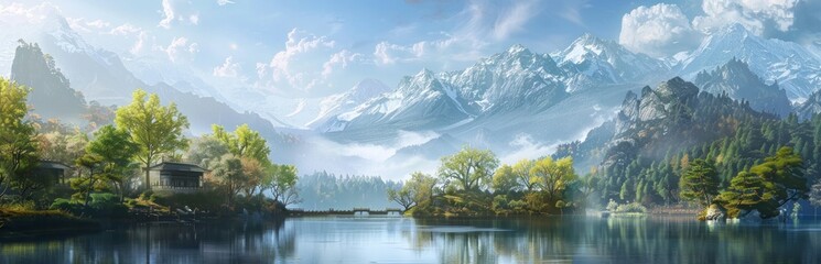 A panoramic view of the serene lake surrounded by dense forests and snowcapped mountains in summer - Powered by Adobe