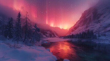 A breathtaking pink aurora borealis illuminates the twilight sky over a snowy river surrounded by forest