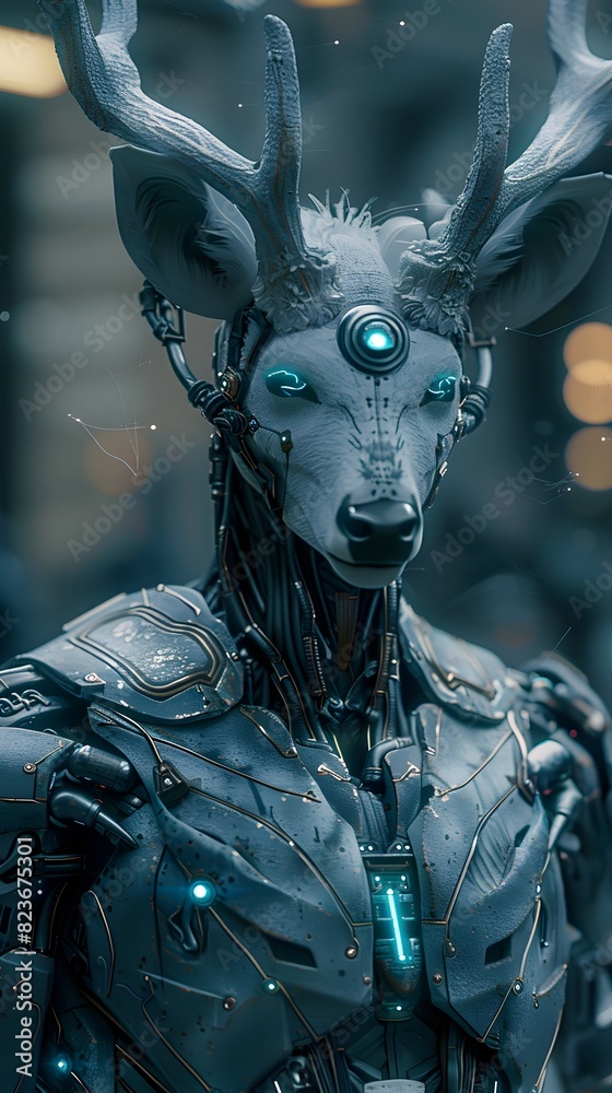 Canvas Prints striking cyborg deer warrior in futuristic neon-tinged urban landscape