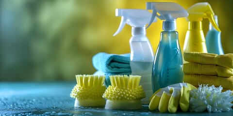 Display of cleaning tools like gels sprays and gloves for housecleaning. Concept Cleaning Supplies, Housecleaning Tools, Household Cleaning Products, Sanitizing Equipment, Cleaning Gloves