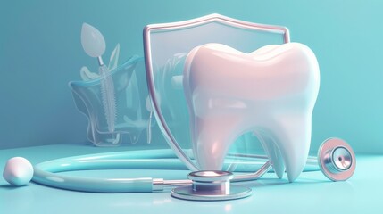 Protect your smile. Teeth and dental shield with stethoscope. 3D rendering.