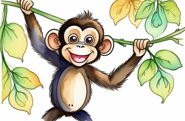 Colorful cartoon character illustration, cheerful, happy monkey hanging on a tree branch with leaves on a white background, animal welfare day, watercolor style