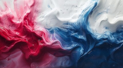 Detailed view of red and blue fluid paint mixing with white, forming an abstract art texture