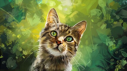 mesmerizing striped cat with piercing green eyes against vibrant green backdrop digital painting
