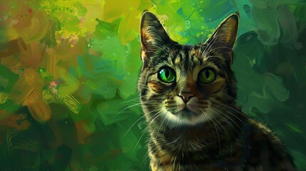 mesmerizing striped cat with piercing green eyes against vibrant green backdrop digital painting