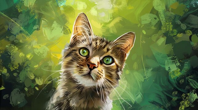 mesmerizing striped cat with piercing green eyes against vibrant green backdrop digital painting