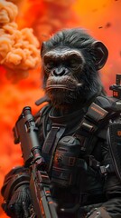 Technologically Augmented Simian Warrior Poised for Battle in Captivating Color-Shifting Smoke-Filled Backdrop