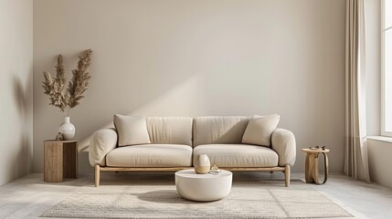 minimalist beige living room interior with scandinavian decor 3d rendering mockup