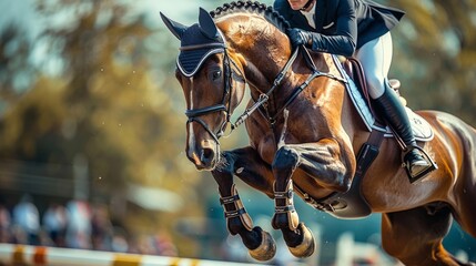 Show jumping event captures horse and rider in mid-action.