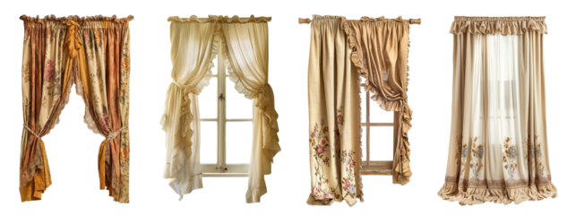 vintage country style window curtain with ruffles isolated on transparent or white background