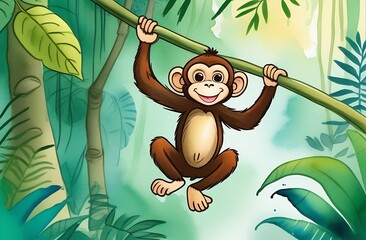 Cartoon character illustration, cheerful, happy monkey hanging on a vine, a tree branch with leaves on a jungle background, animal protection day, watercolor style