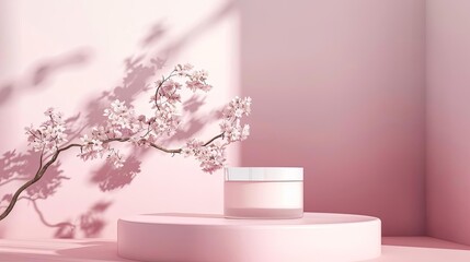 minimalist product display podium with pastel spring colors feminine cosmetic advertisement illustration