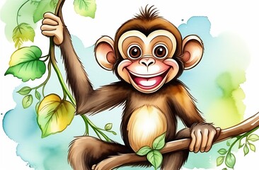 Cartoon character illustration, cheerful, happy monkey sitting on a vine, a tree branch with leaves on a white background, animal protection day, watercolor style