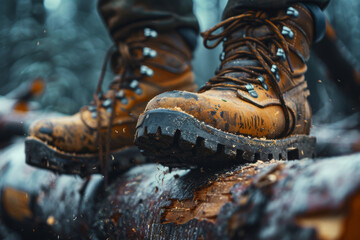 A pair of dirty brown boots are on a log