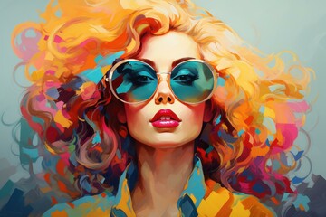 Obraz premium Artistic illustration of a stylish woman with vibrant hair and sunglasses