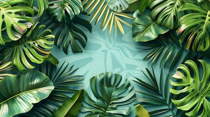 Vibrant Overlapping Tropical Leaves Composition in Lush Ivory and Green Color Palette on Soft Blue Background