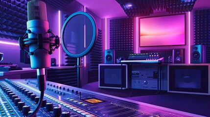 modern recording studio with professional microphone and audio equipment vector illustration