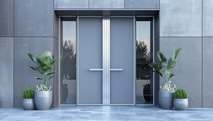 Modern Building Entrance with Potted Plants