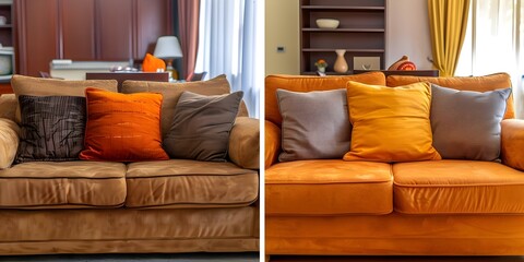 Before and after images of a sofa after professional dry cleaning. Concept Furniture Cleaning, Before and After, Sofa Makeover, Professional Services