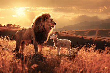 A lion and lamb standing together in the grassy meadow,