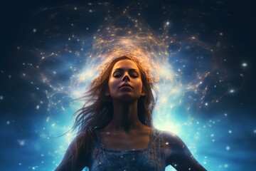 Mystical woman with a radiant energy aura, surrounded by a cosmic backdrop of stars and light