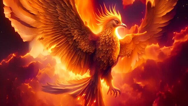 Large Phoenix Bird With Orange Wings Flying Through the Air Generative AI
