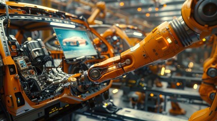 Robotic arms precisely weld a car chassis in a closeup image of an automotive factory, Generated by AI