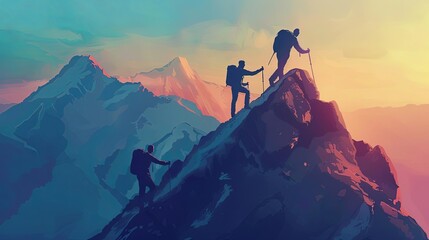 overcoming obstacles hikers helping each other reach the mountain peak digital illustration