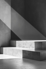 Clean geometric podium, monochrome theme, sharp angles, minimalist design, high contrast, sleek lines, polished surfaces, high resolution, modern aesthetic, striking visual appeal