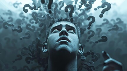 perplexed man with question marks floating in his mind conceptual 3d render illustration