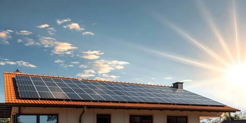 Fototapeta premium Solar panels on sustainable home roof under sunlight for energy efficiency. Concept Sustainable Home, Solar Panels, Energy Efficiency, Green Living, Renewable Energy