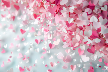 A pink and white background with a lot of hearts scattered around