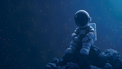 A 3D cartoon astronaut sitting on a crescent moon  with a solid dark purple background