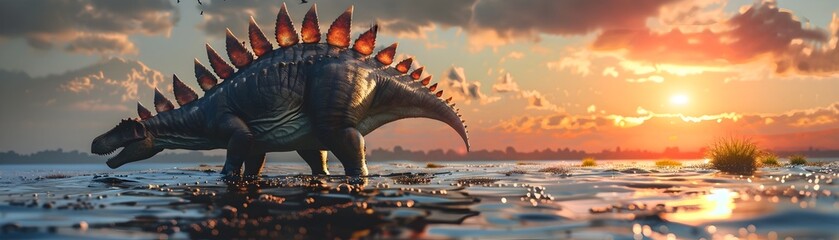 Majestic Stegosaurus Wading in Tranquil Sunset Waters with Spiked Plates Reflecting the Warm Glow