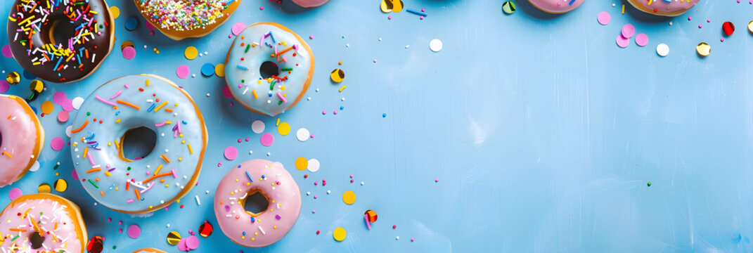Horizontal banner for National Donut Day featuring a frame of colorful donuts covered with icing and confetti on a blue background with free space for text. Suitable for social media posts,...