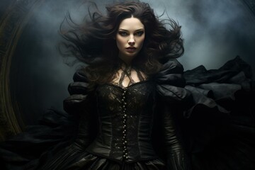 Fototapeta premium Elegant woman in a dark, gothic dress with flowing hair, exuding an air of mystery and allure