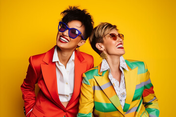 couple women in sunglasses and suits; cheerful colors, smiling adults in sunglasses 