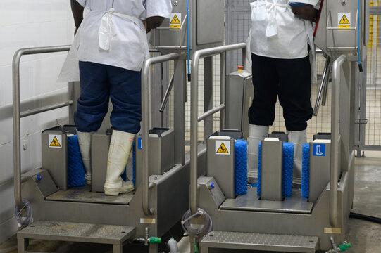 two workers at the Shoe Hygiene Station manually / automaticly washing, disinfecting and cleaning of their shoes before going out (entering) from the sanitary zone