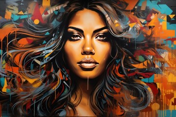 Vibrant street art mural depicting a stylized woman with flowing hair on an abstract background