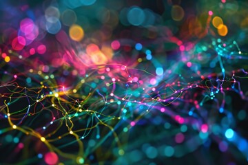 A neural network visualized with colorful lines and dots, AI generated