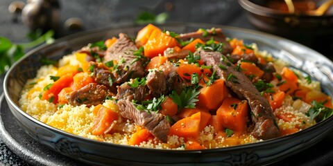 North African dish of couscous with steamed semolina meat and vegetables. Concept Couscous, North African Cuisine, Semolina, Steamed Meat, Vegetables